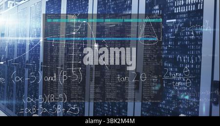 Displaying server racks featuring floating code tables, graphs and formulas in data center corridor Stock Photo
