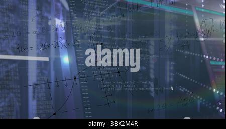Displaying code snippets and math formulas overlaying server racks at data center with lens flare Stock Photo