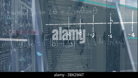 Displaying server rack with network cables, glowing LED lights in data center aisle, code overlay Stock Photo