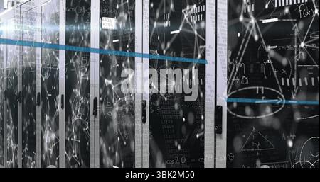 Server cabinets behind glass flashing LEDs in data center, network overlays, horizontal blue line Stock Photo