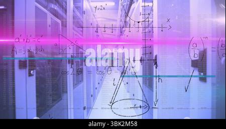 Illuminating data centre walkway, showing server racks with cable trays and magenta light streaks Stock Photo