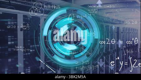 Projecting blue-green holographic interface showing diagrams in data center, with racks cables Stock Photo
