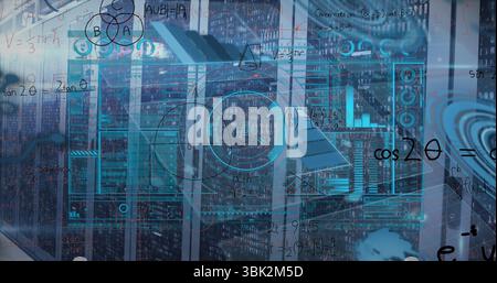 Displaying rack-mounted servers glowing blue-lit in data center, showing holographic math diagrams Stock Photo