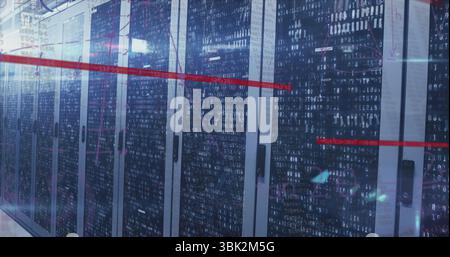 Displaying server cabinets revealing blinking LEDs and Ethernet cables at data center, flowing code Stock Photo