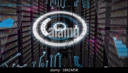 Hovering concentric holographic rings among server racks, showing math equations and data charts Stock Photo