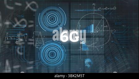 Displaying central 6G text on abstract interface scene, with HUD elements, translucent data panels Stock Photo