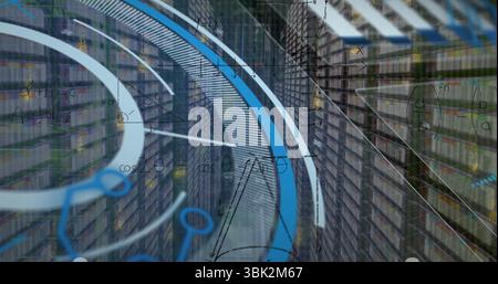 Displaying swirling blue ribbon mapping flow in data center corridor, with rack LEDs and formulas Stock Photo