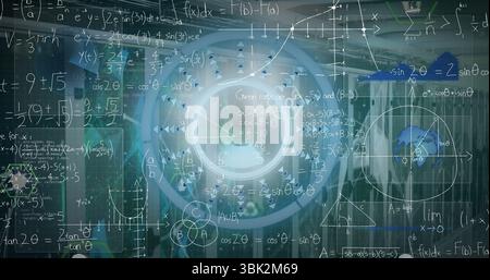 Displaying circular interface projecting math and physics formulas at lab with server racks and HUD Stock Photo