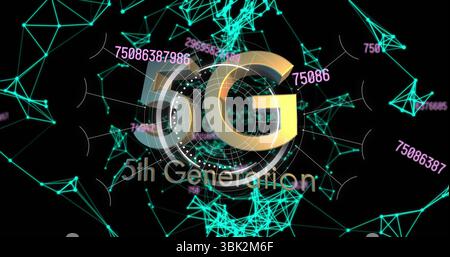 Gold 5G lettering floating in digital space, with HUD rings, teal mesh network and magenta numbers Stock Photo