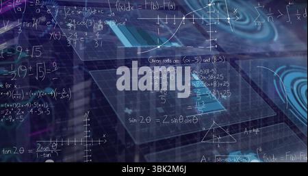 Floating translucent grid interface displaying math formulas, axes and triangle in AR, with waves Stock Photo
