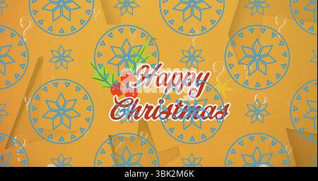 Displaying greeting with red outlined script on orange backdrop, with holly sprig and blue motifs Stock Photo