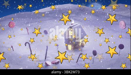 Glowing windows lighting gingerbread house sitting on snowy hill, with candy canes, floating stars Stock Photo