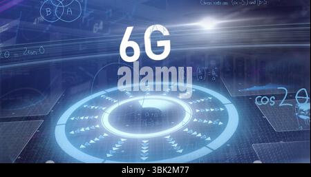 Displaying glowing holographic circular interface over dark blue grid, with large white 6G text Stock Photo