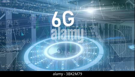 Glowing holographic 6G label and circular interface floating in data center, with server racks Stock Photo