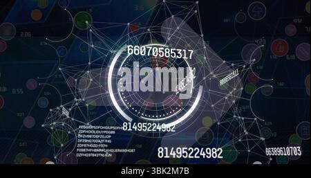 Displaying circular network map on dark interface with colored nodes, numeric labels, code clusters Stock Photo
