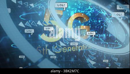 Floating gold 5G text with blue globe rotating inside network grid with rings, arrows, LOL bubbles Stock Photo