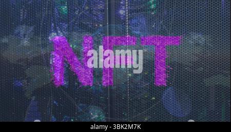 Displaying magenta NFT letters glowing in low-lit digital art showcase, with hex grid fragments Stock Photo