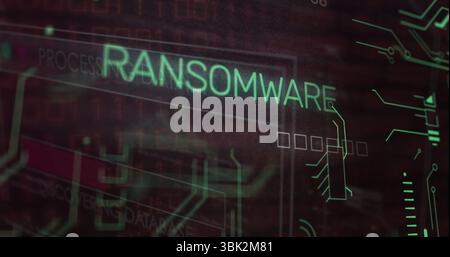 Displaying neon green ransomware text flashing on digital security dashboard, with circuit diagrams Stock Photo