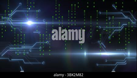 Displaying circuit traces merging with falling green binary digits on digital display, lens flares Stock Photo