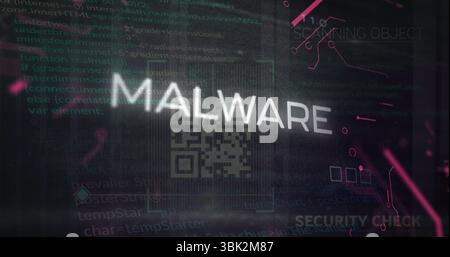 Displaying white MALWARE text and QR code overlay on digital interface with magenta circuit lines Stock Photo