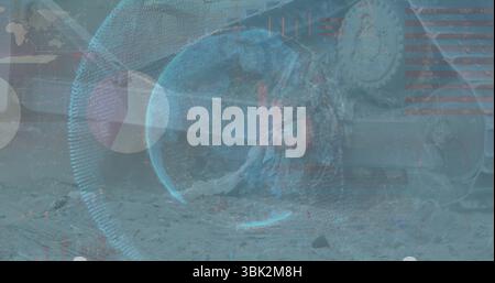 Showing holographic globe projecting data rings on rocky crash site, with gear fragments and cables Stock Photo