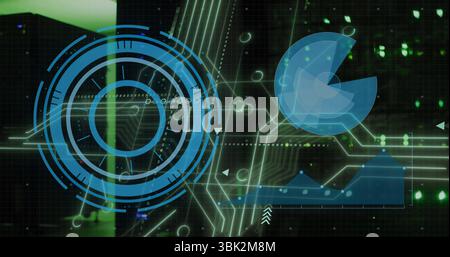 Displaying HUD, pie chart, line graph, circuitry in control center, person behind green lit panel Stock Photo