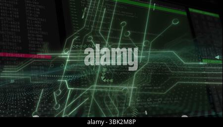 Displaying green circuit network overlay in cyber interface with data streams, code and UI borders Stock Photo