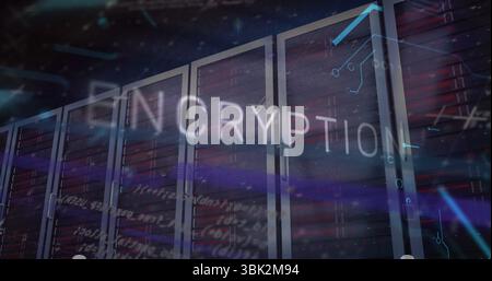 Displaying encryption graphics over core server racks in server room, emphasizing data security Stock Photo