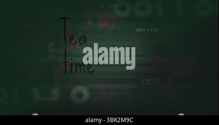 Hovering 'Tea time' text over circuit display with binary code squares and glitch overlays Stock Photo