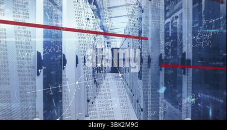 Displaying aisle between server racks with LED lights in data center, floating data overlays Stock Photo