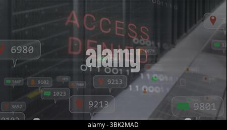 Displaying ACCESS DENIED hologram in server corridor with binary digits and pop-up notifications Stock Photo