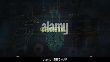 Displaying neon padlock icon and fingerprint on dark digital interface, glowing CRYPTO text Stock Photo