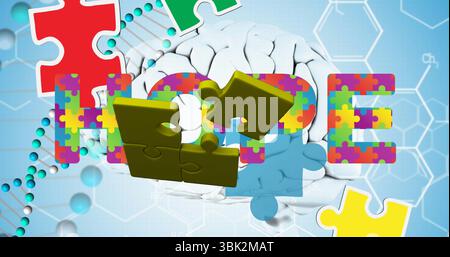 Displaying puzzle-piece HOPE hovering with floating puzzle pieces in backdrop with DNA, brain model Stock Photo