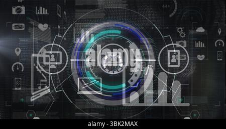 Displaying circular HUD showing avatar, laptop and phone icons on virtual network, with circuits Stock Photo