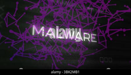 Displaying MALWARE floating in network environment, with purple nodes and three outlined squares Stock Photo