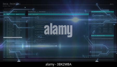 Showing central console running code in cyber hub with translucent data panels and glowing circuits Stock Photo