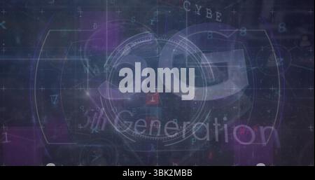 Displaying 5G Generation graphic over interface showing circular HUD with network icons and codes Stock Photo