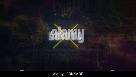Featuring CRYPTO letters intersecting yellow lines over virtual circuit board, binary code overlays Stock Photo