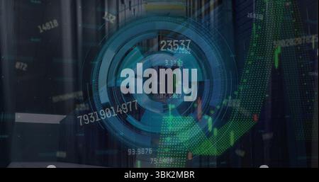 Showing circular HUD element floating in server room, with candlestick bars and line graphs Stock Photo