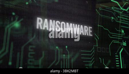 Displaying central white uppercase RANSOMWARE text on green circuit interface, with binary code Stock Photo