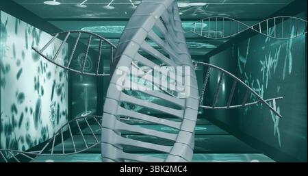 Showing central DNA helix twisting through sci-tech corridor, with smaller strands and wall panels Stock Photo