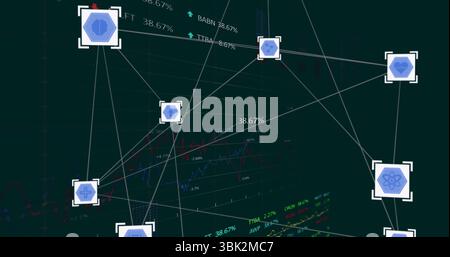 Displaying network of blue hexagonal icons linking line graphs and numeric labels on dark interface Stock Photo