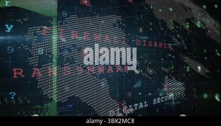 Displaying dot matrix world map streaming red ransomware alert in cyber terminal, with binary code Stock Photo