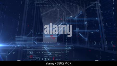 Illuminating central server racks bathing data center corridor in blue, with binary code overlays Stock Photo