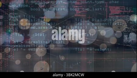 Displaying digital data dashboard visualization combining code overlay with network nodes and bokeh Stock Photo
