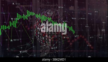 Displaying wireframe head floating in virtual space with binary code and candlestick charts Stock Photo