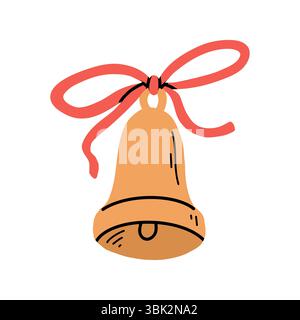 Hand Drawn Golden Bell with Red Bow  Stock Vector
