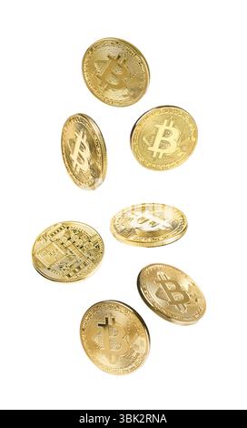 Cryptocurrency. Golden bitcoins falling on white background Stock Photo