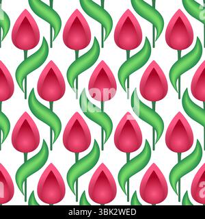 Bright positive ornament of tulips. Spring floral seamless pattern. Cute decor of red pink flowers on white background. Floral pattern of curved leave Stock Vector