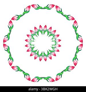 Set of floral round frames. Frame of flowers. Bright positive round ornament of tulips. Spring floral mandala. Design element of red pink flowers on w Stock Vector